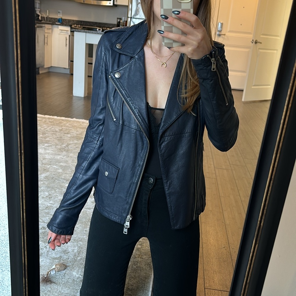 Alexander McQueen navy leather moto jacket zippers